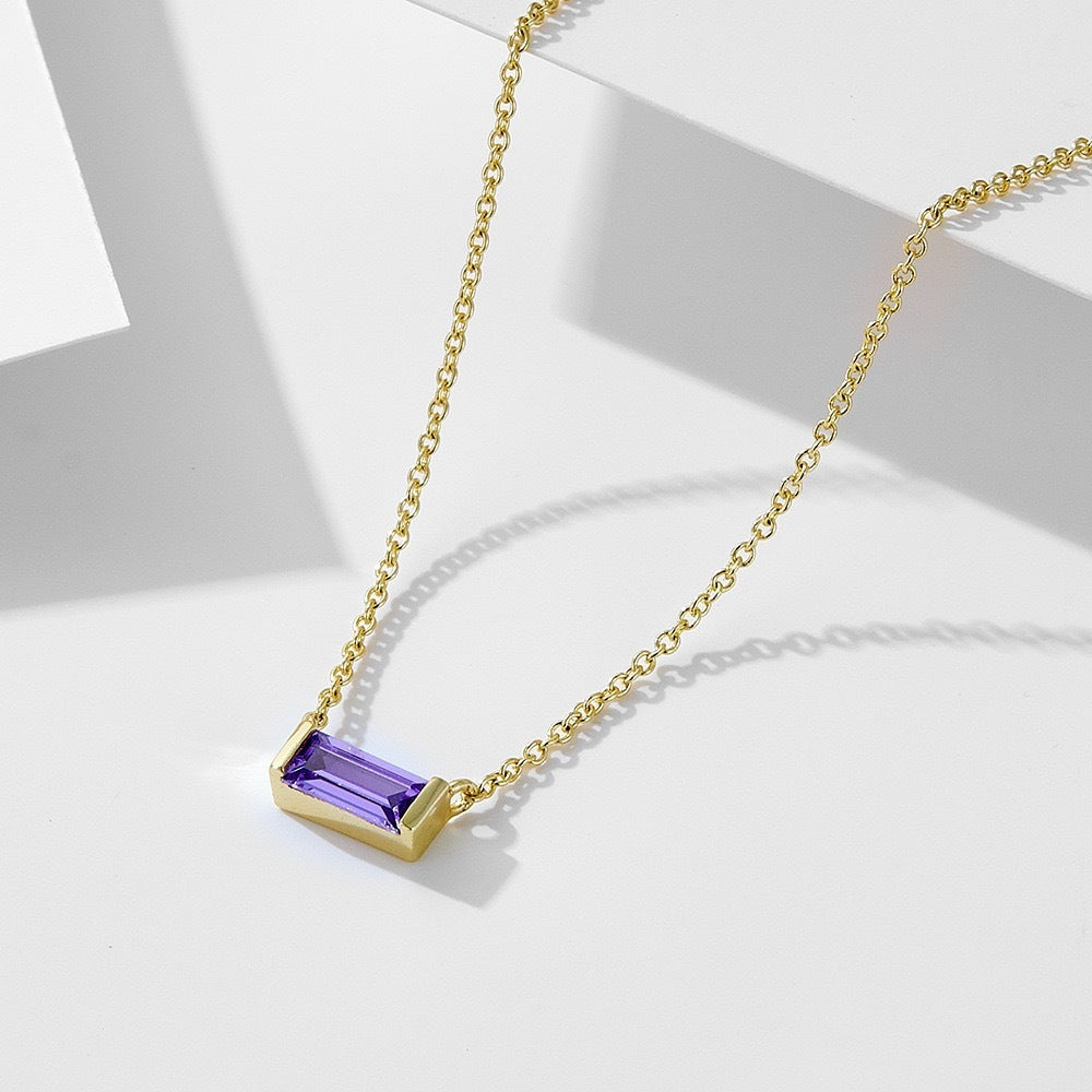 Dainty Baguette Birthstone Necklace - Gold