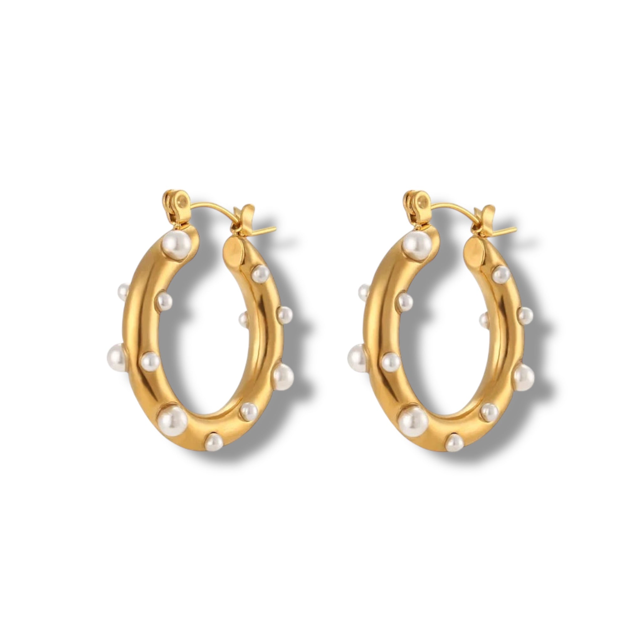 Rhinestone Pearl Hoop Earrings – Gold