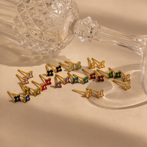 Dainty Birthstone Floral Earrings - Gold