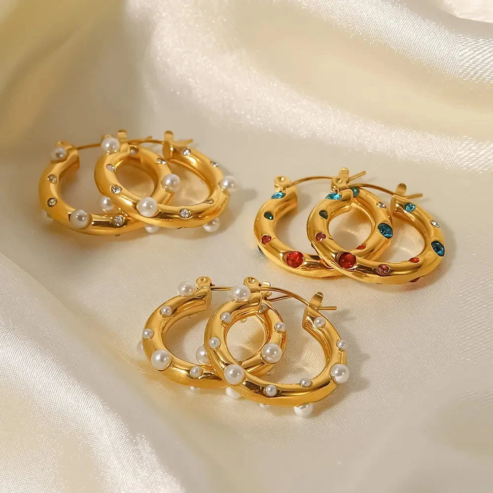 Rhinestone Pearl Hoop Earrings – Gold