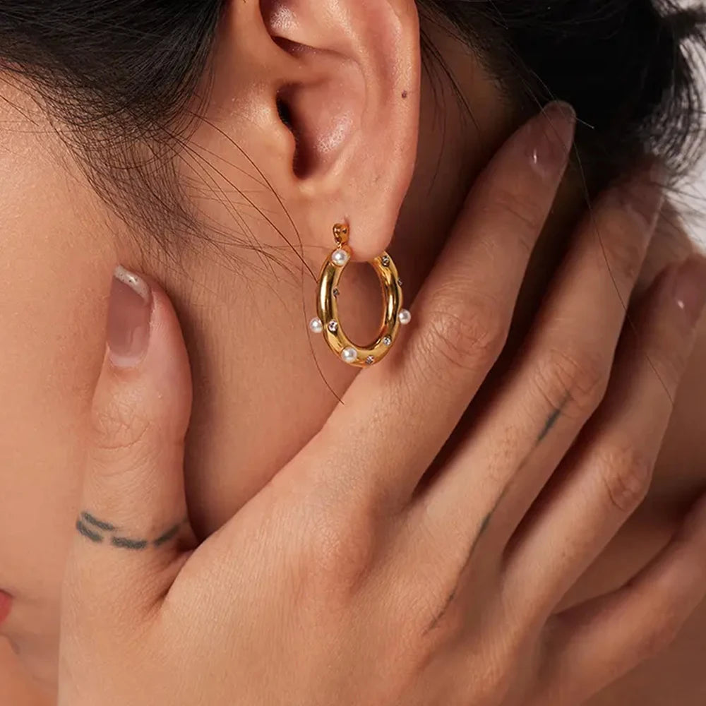 Rhinestone Pearl Hoop Earrings – Gold