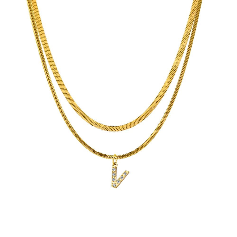 Stacked Herringbone Initial Necklace - Gold