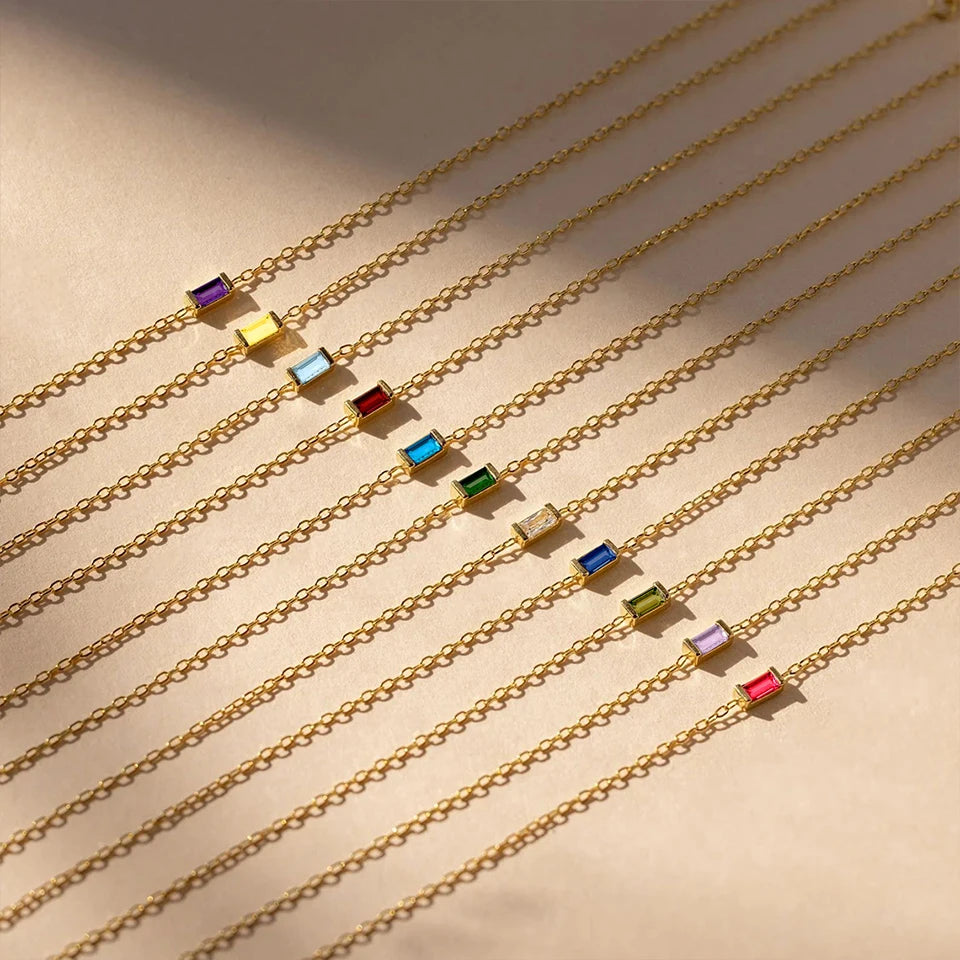 Dainty Baguette Birthstone Necklace - Gold