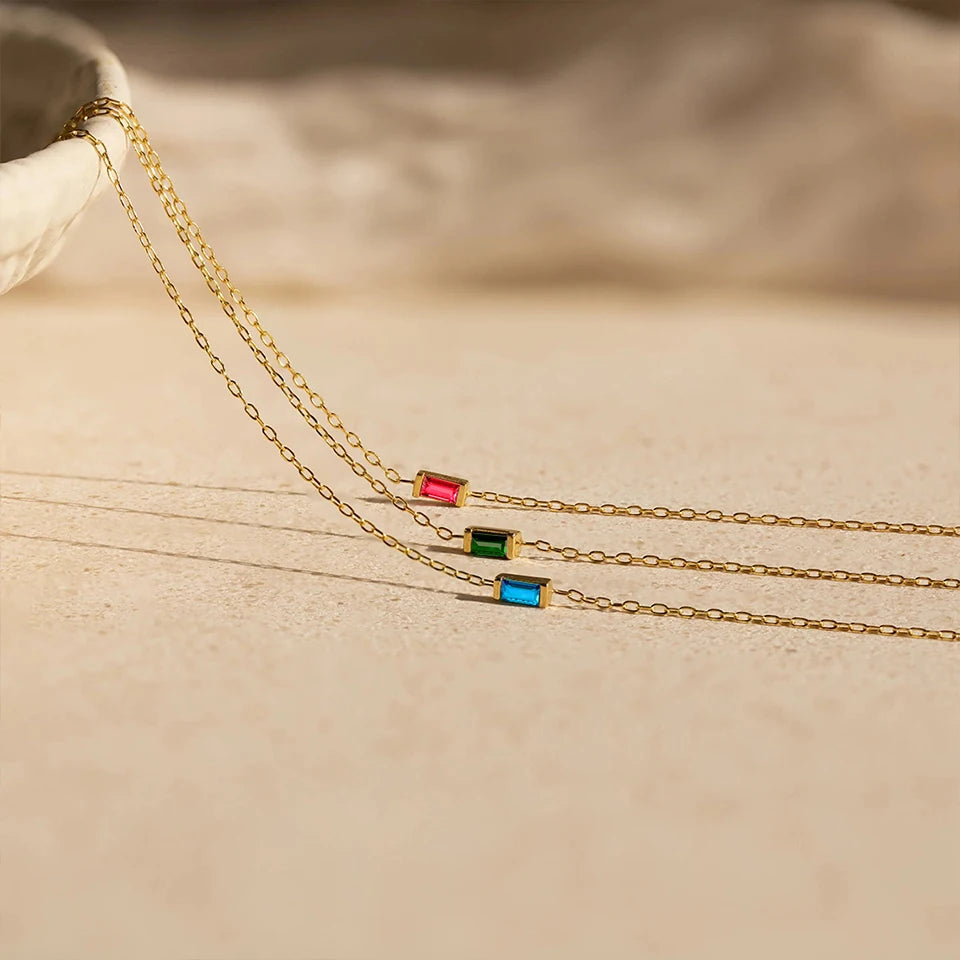 Dainty Baguette Birthstone Necklace - Gold