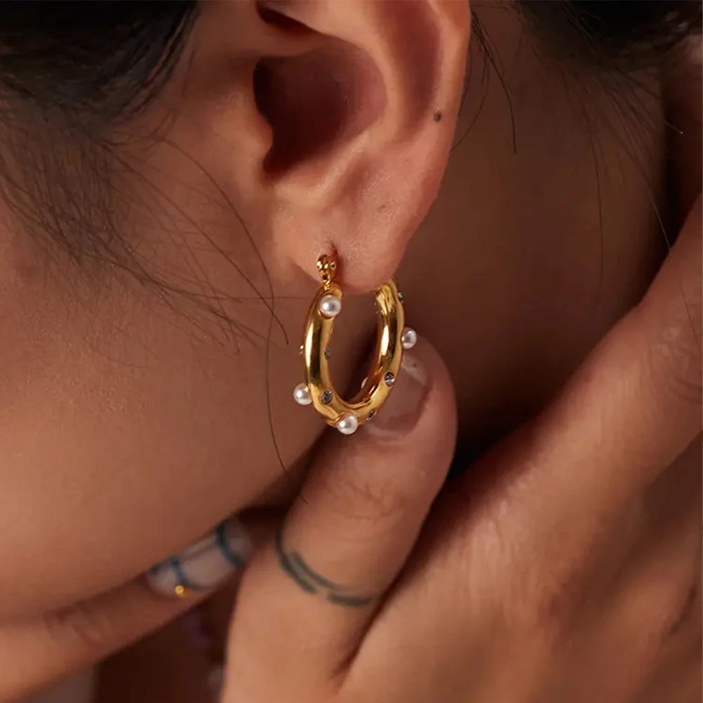 Rhinestone Pearl Hoop Earrings – Gold