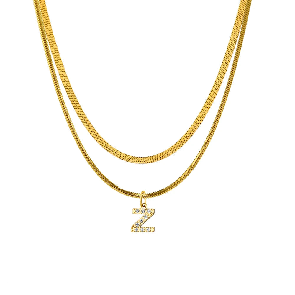 Stacked Herringbone Initial Necklace - Gold