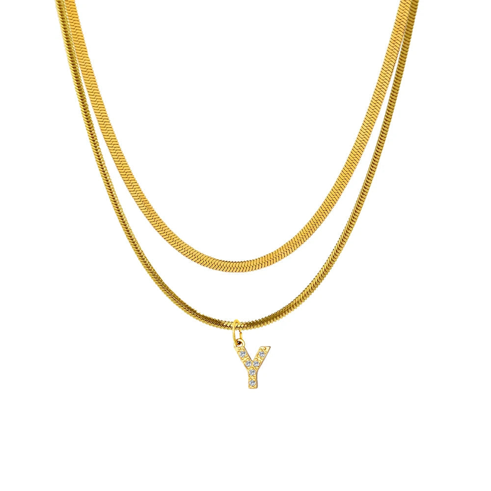 Stacked Herringbone Initial Necklace - Gold