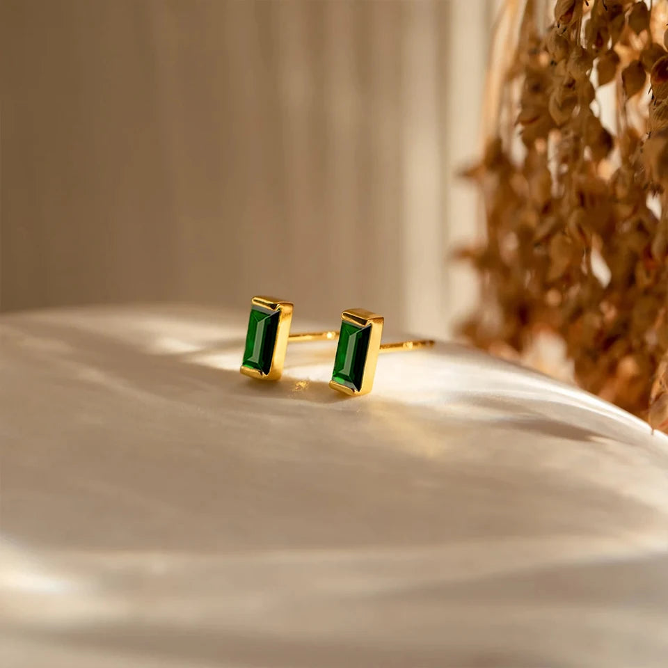 Dainty Baguette Birthstone
 Earrings - Gold