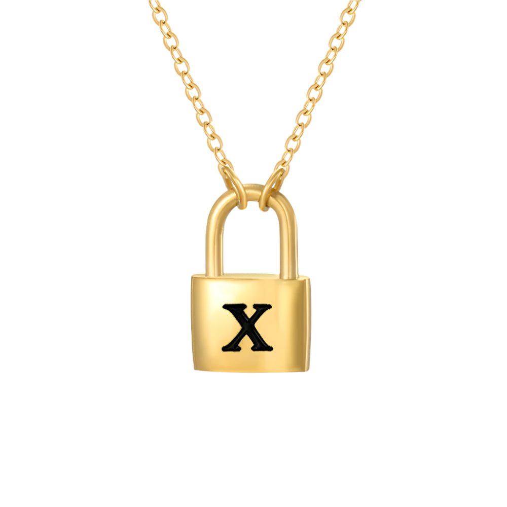 Gold padlock-shaped necklace with 'X' on a white background