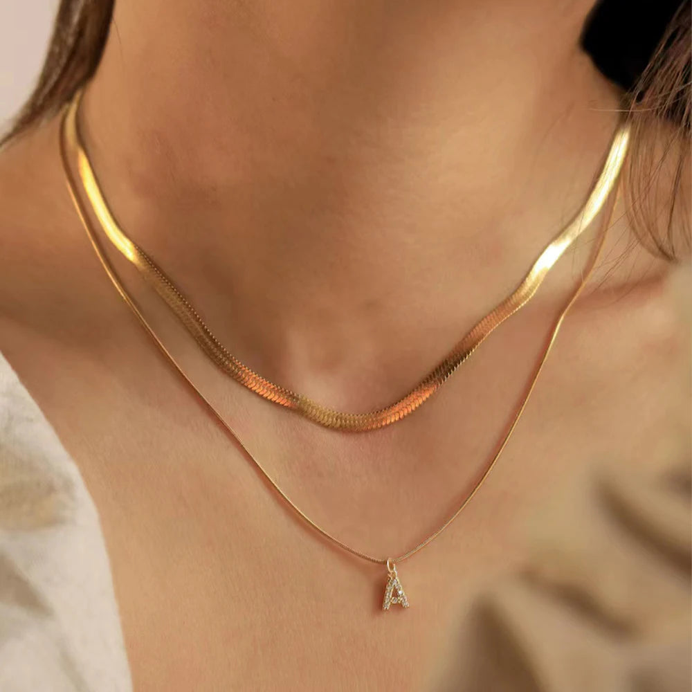 Stacked Herringbone Initial Necklace - Gold