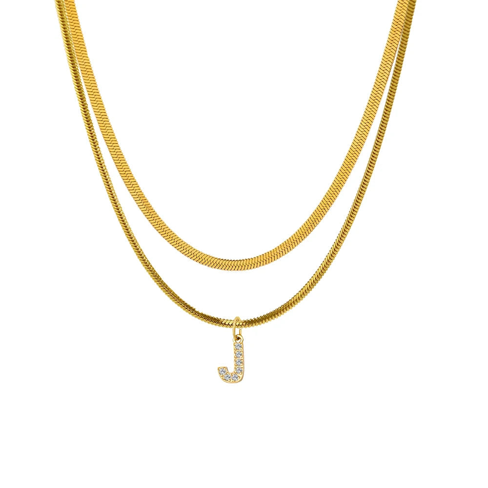 Stacked Herringbone Initial Necklace - Gold