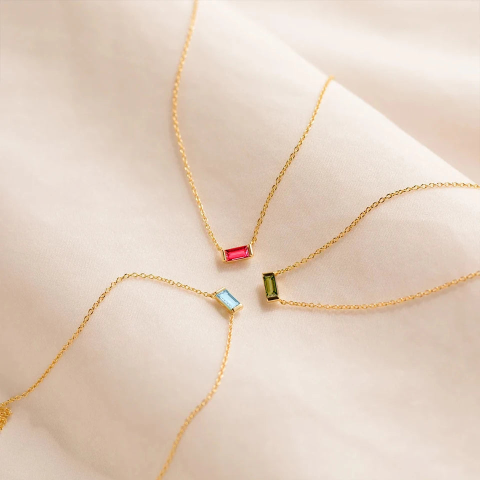 Dainty Baguette Birthstone Necklace - Gold