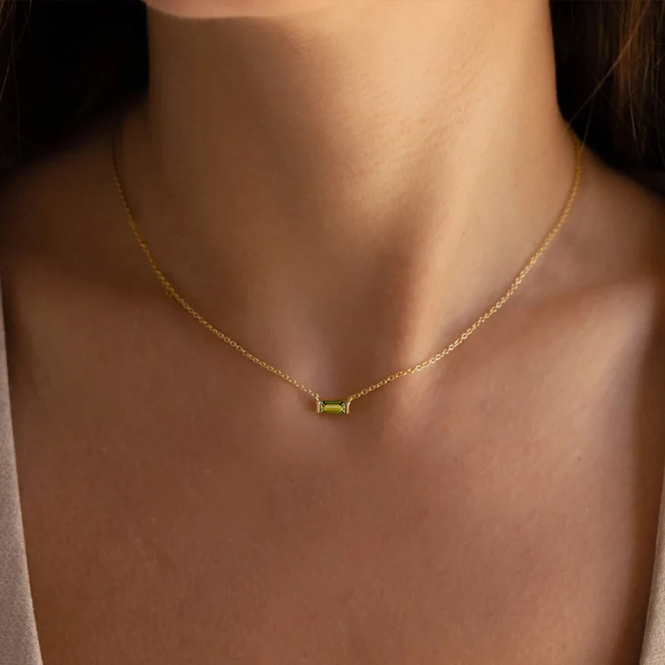 Dainty Baguette Birthstone Necklace - Gold