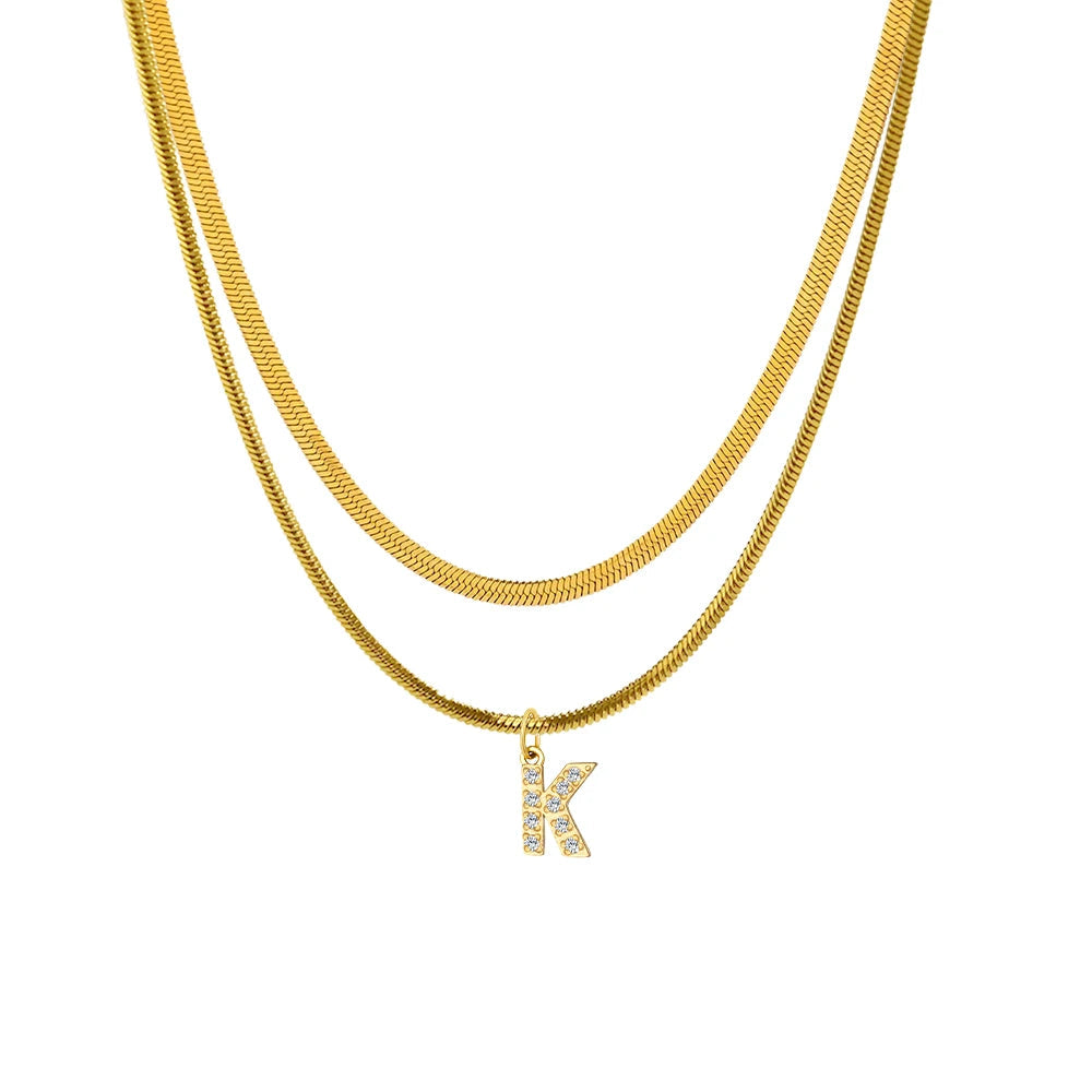 Stacked Herringbone Initial Necklace - Gold