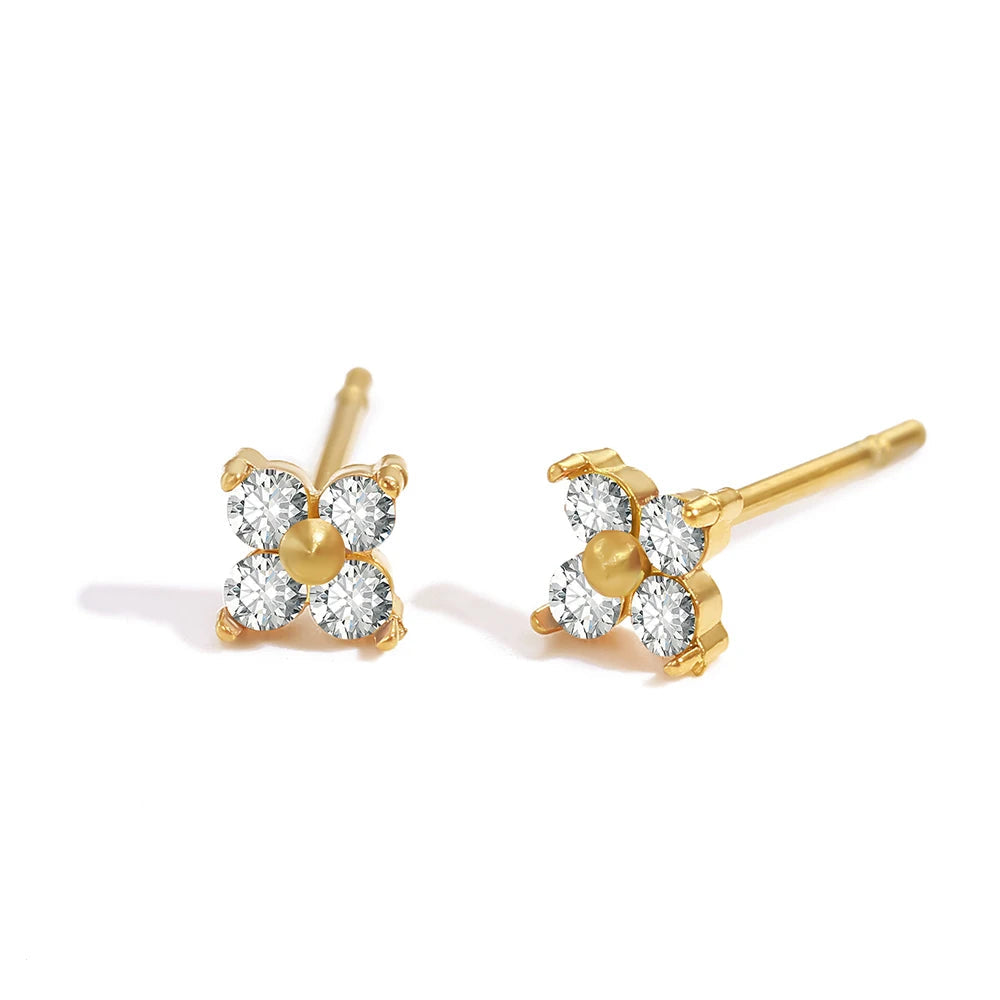 Gold earrings with clear stones on a white background, labeled 'Birthstone Styles'.