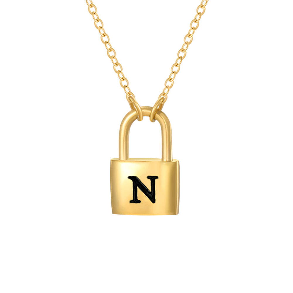 Gold padlock-shaped pendant with letter 'N' on a white background
