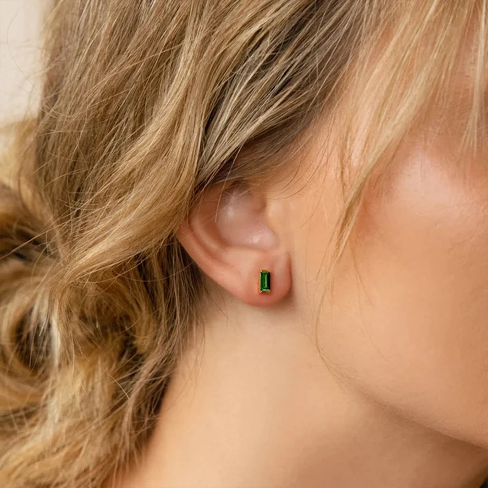 Dainty Baguette Birthstone
 Earrings - Gold