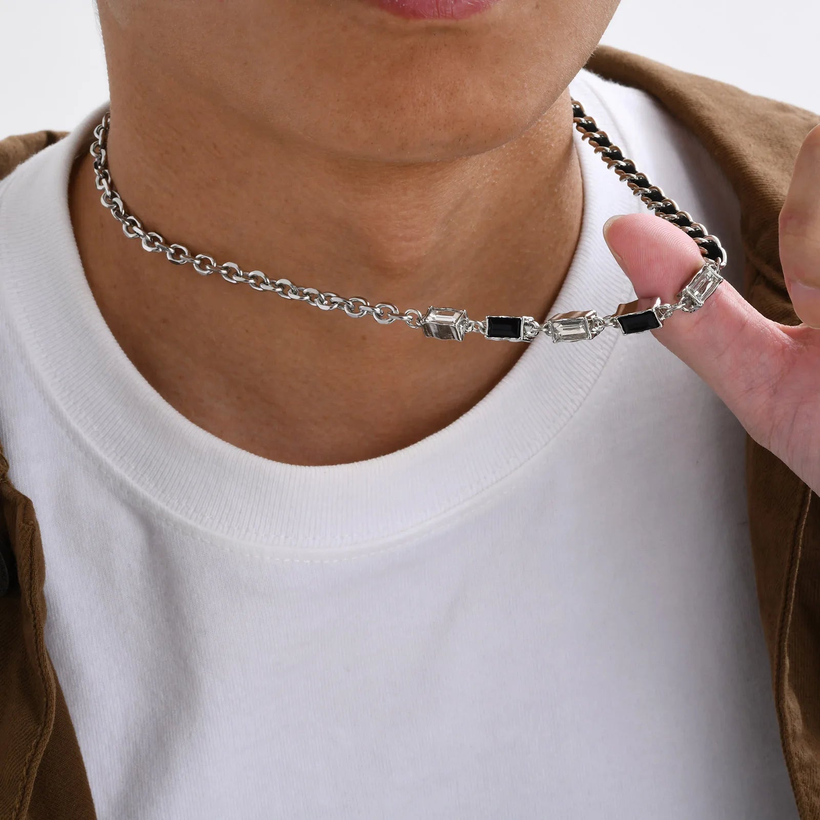 Rolo Link Necklace - Silver x Cubic Zirconia Stones - BRAVAN Rolo Link Necklace - Silver x Cubic Zirconia Stones  (Store description)