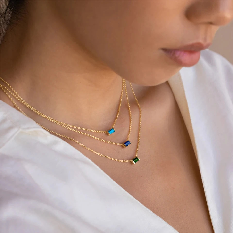 Dainty Baguette Birthstone Necklace - Gold