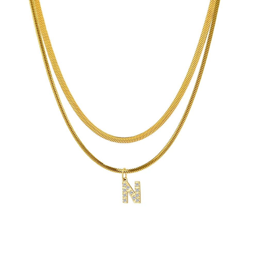 Stacked Herringbone Initial Necklace - Gold