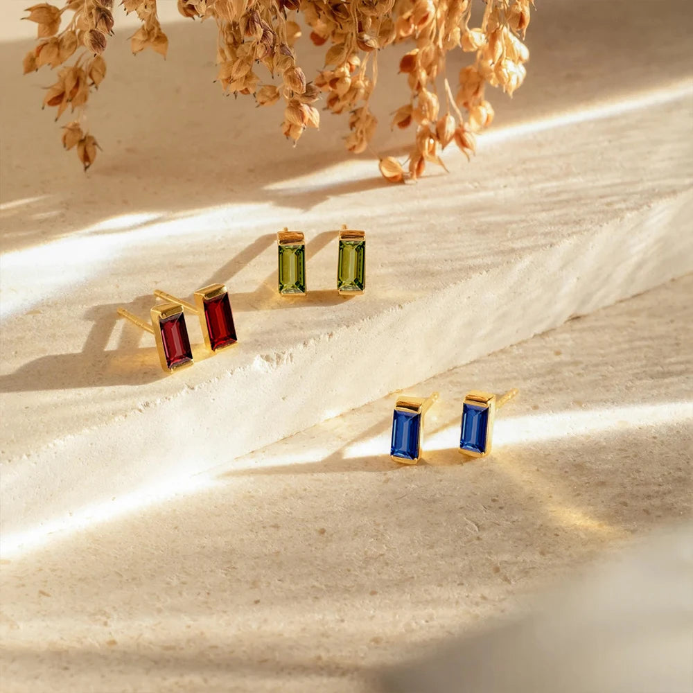 Dainty Baguette Birthstone
 Earrings - Gold