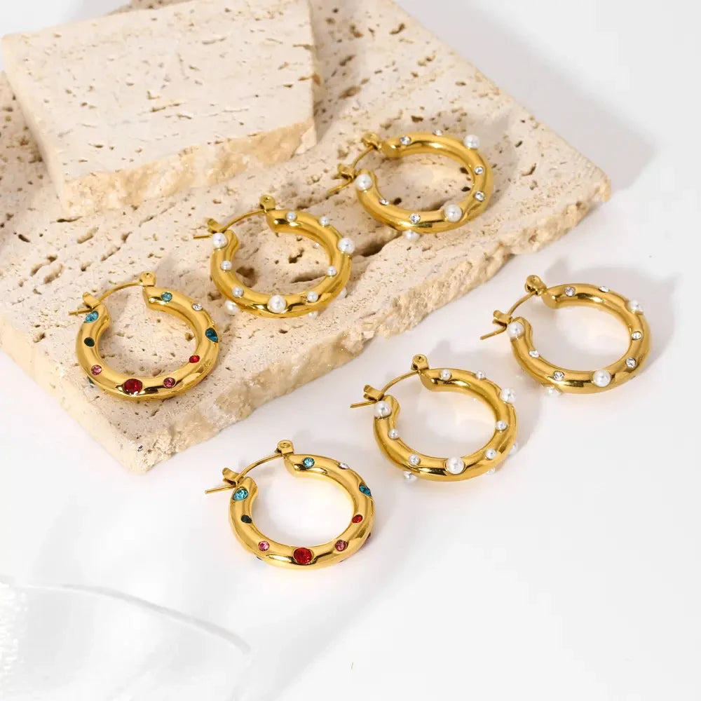 Rhinestone Pearl Hoop Earrings – Gold