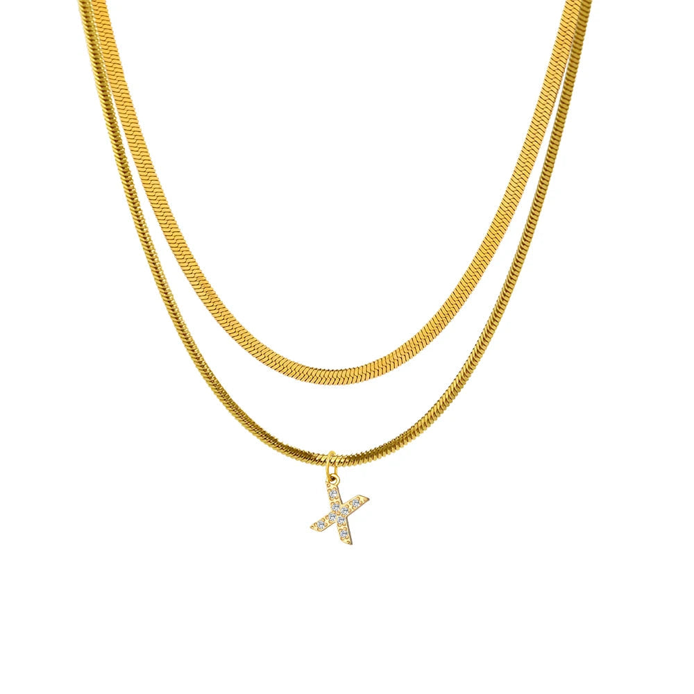 Stacked Herringbone Initial Necklace - Gold