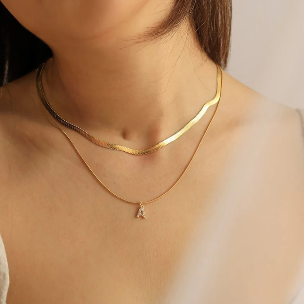 Stacked Herringbone Initial Necklace - Gold