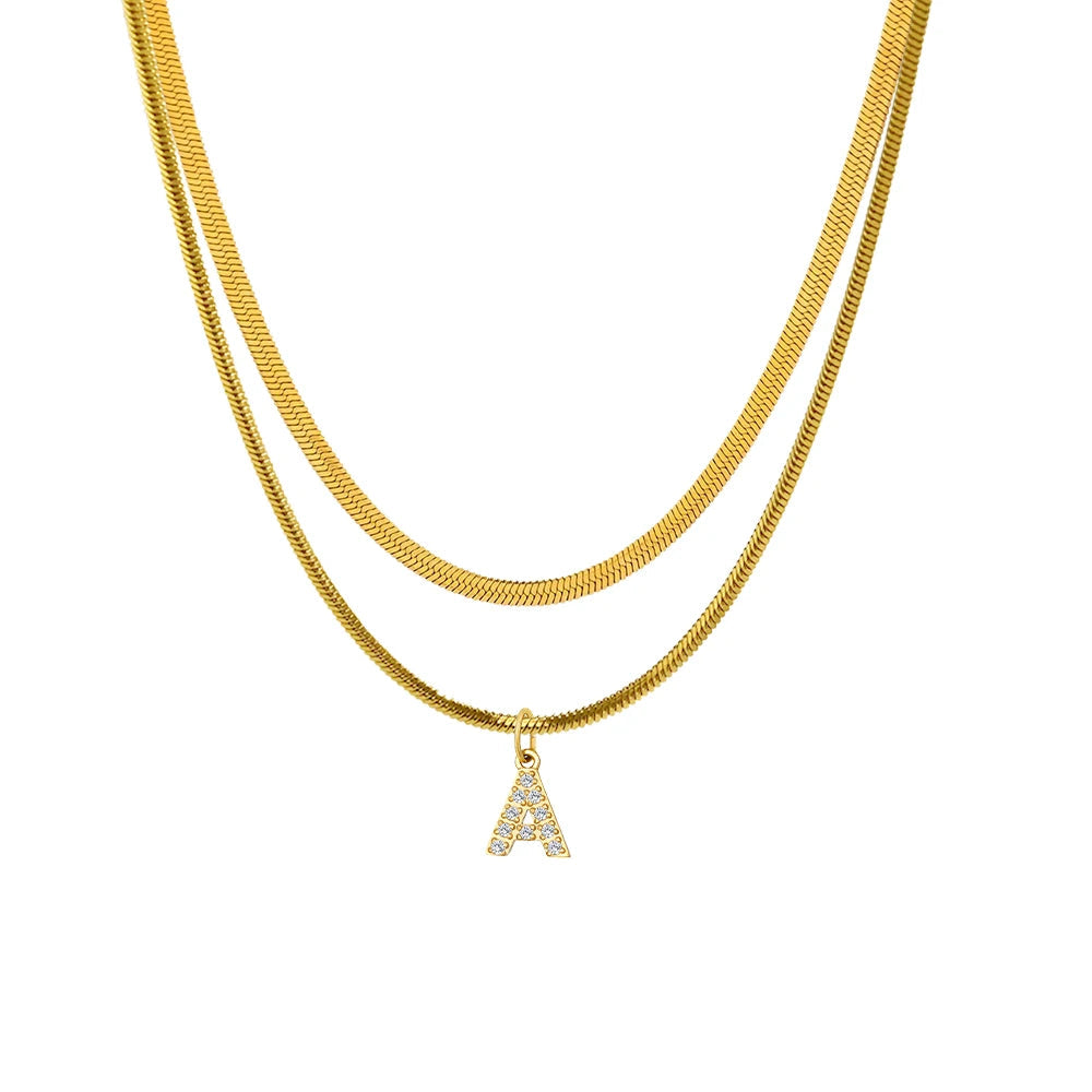 Stacked Herringbone Initial Necklace - Gold