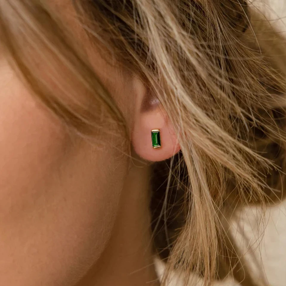 Dainty Baguette Birthstone
 Earrings - Gold