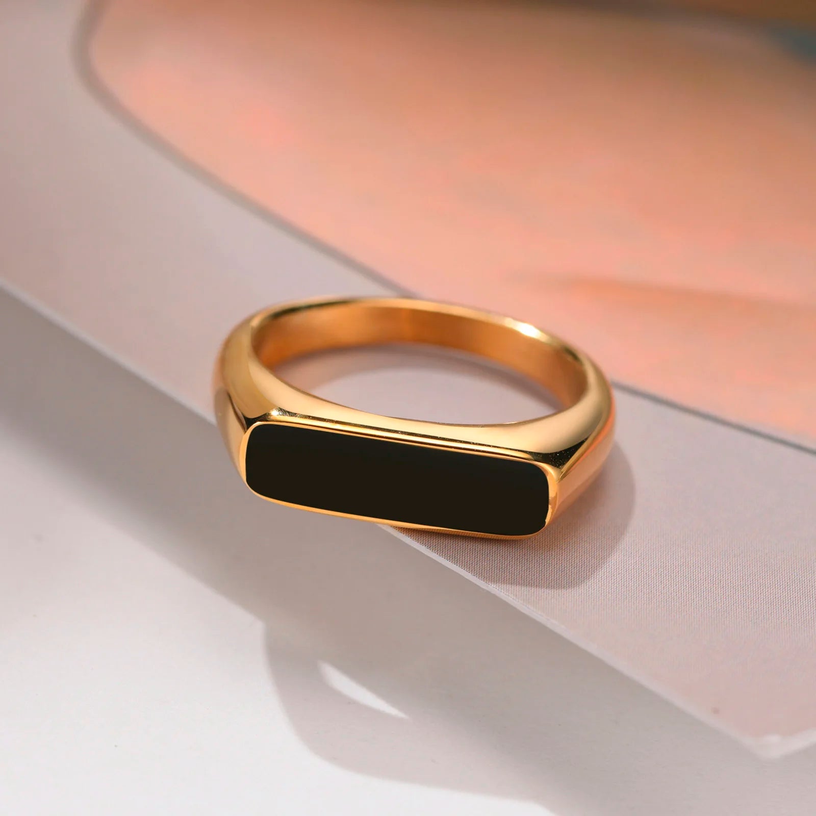 Black Rectangle Stone Signet Ring - Gold - BRAVAN Black Rectangle Stone Signet Ring - Gold  (Store description)