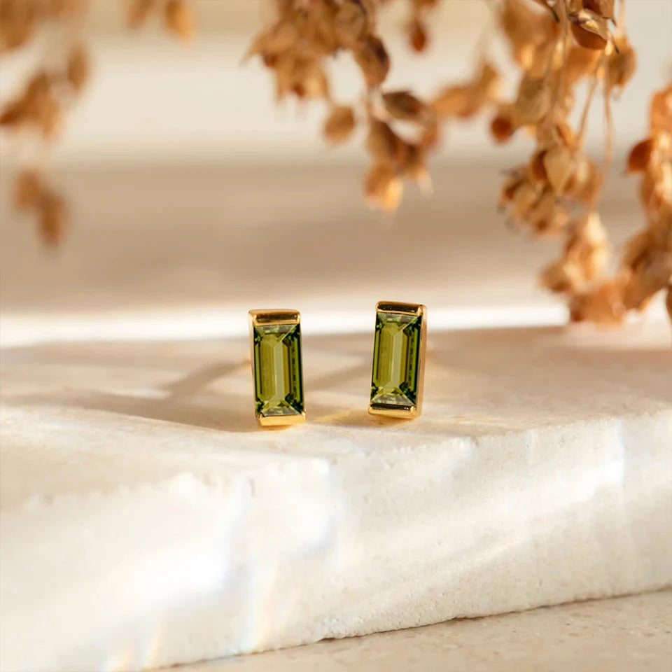 Dainty Baguette Birthstone
 Earrings - Gold