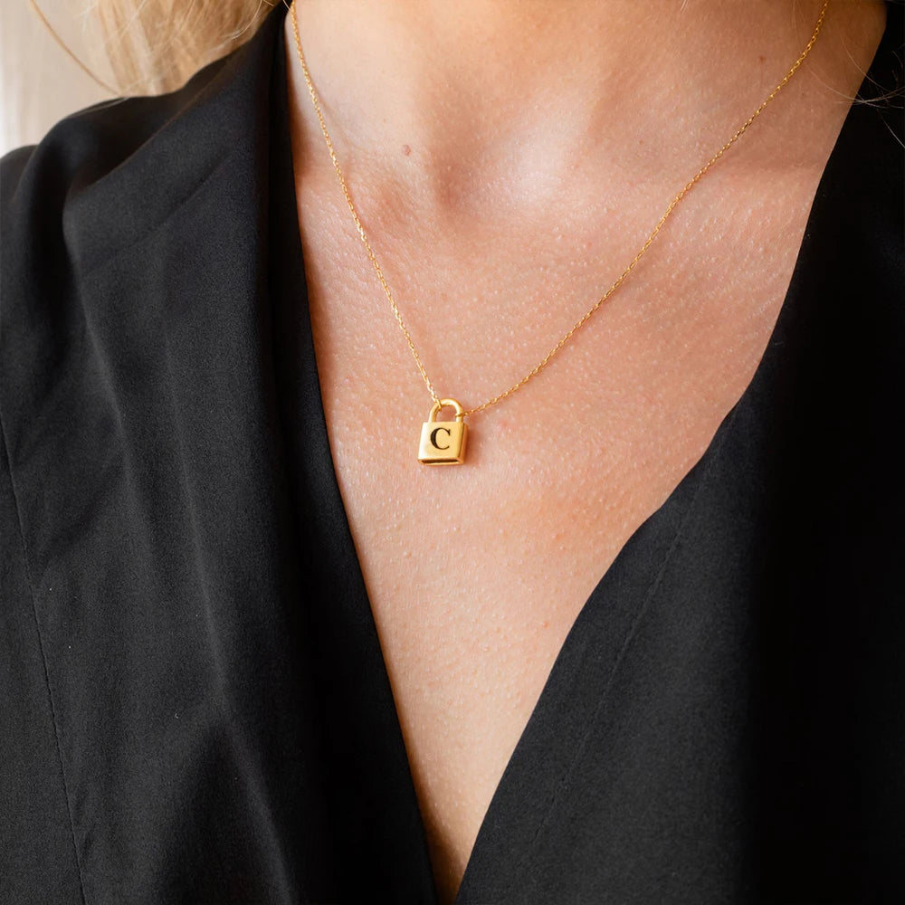 Lock Initial Pendant Necklace - Gold