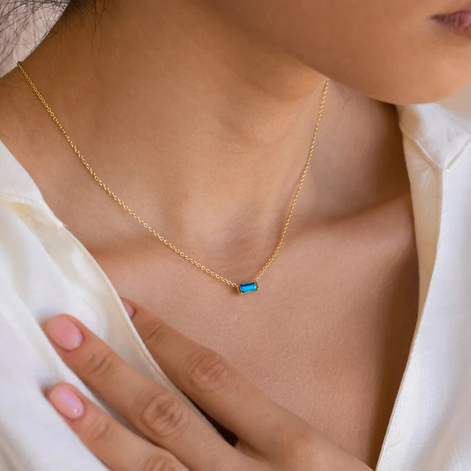 Dainty Baguette Birthstone Necklace - Gold