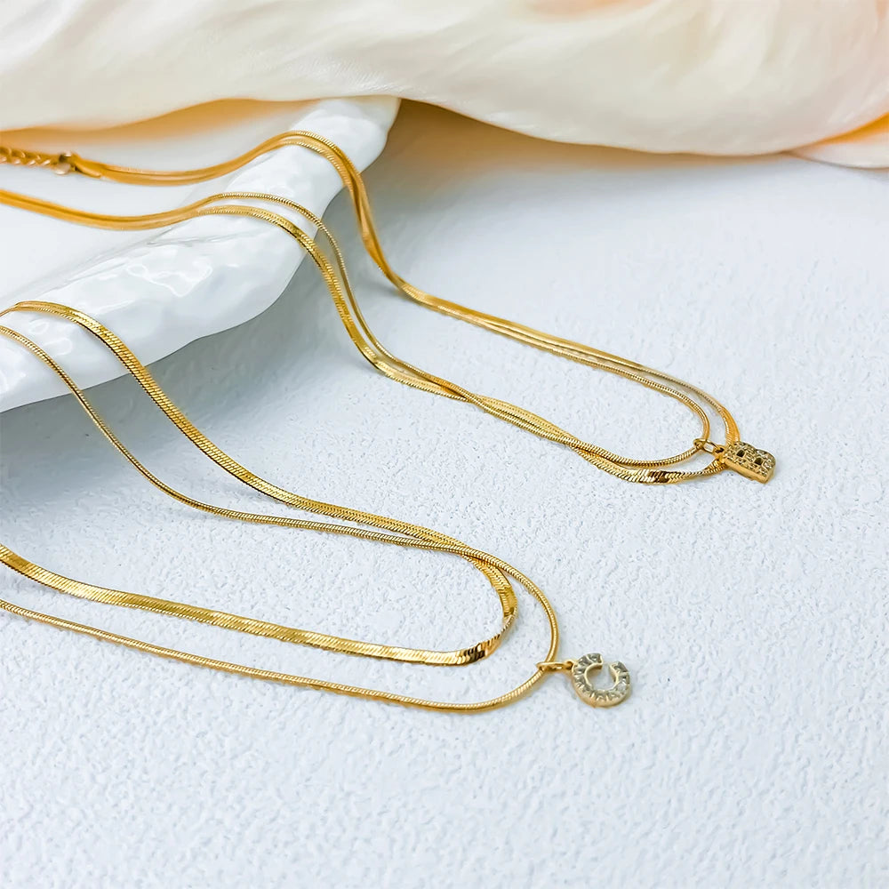 Stacked Herringbone Initial Necklace - Gold