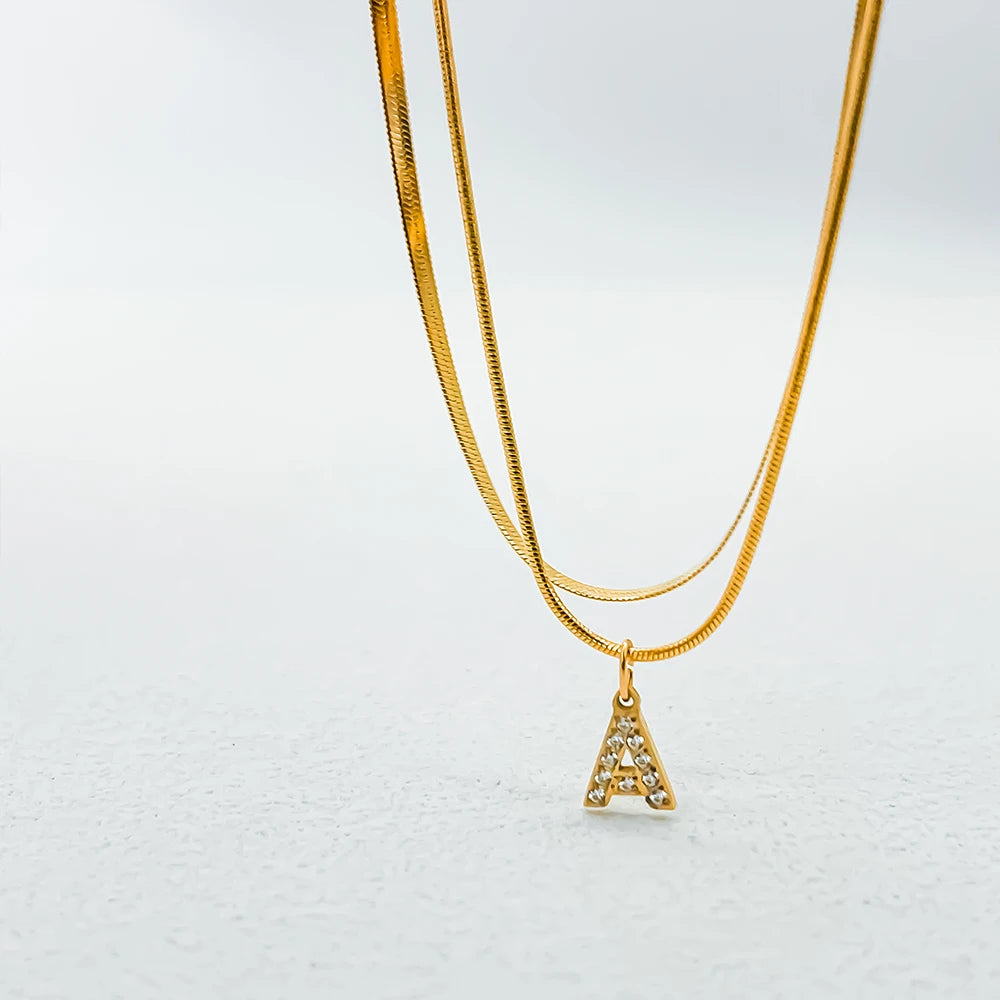 Stacked Herringbone Initial Necklace - Gold
